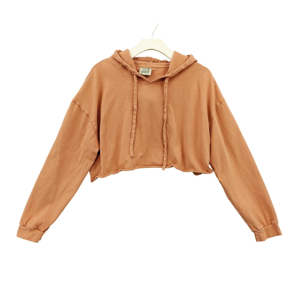 Jaded Gypsy Womens Boho Western Cropped Hoodie L/XL Terracotta Orange Raw Hem